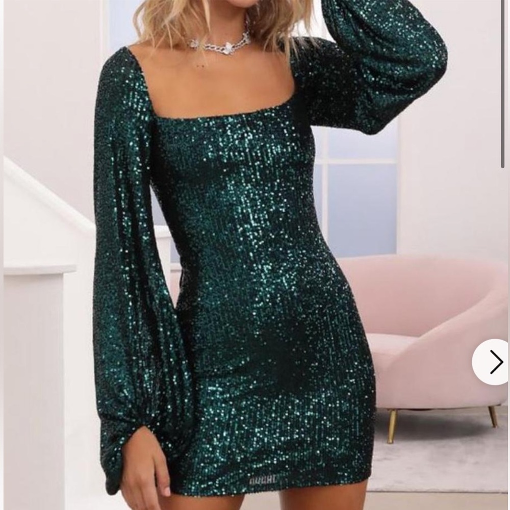 Emerald green mini sequin dress long sleeve LucyInTheSky sparkle open back sexy
